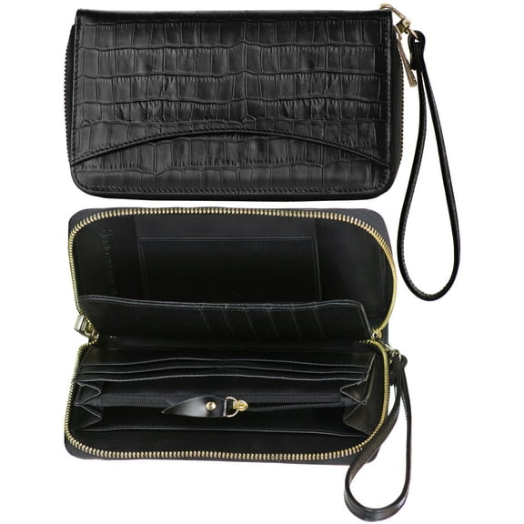 Women's Genuine Leather Wallet Wristlet Strap Clutch with Scan Proof Walls for tap-to-pay contactless credit card ID RFID protection - crocodile skin design in black