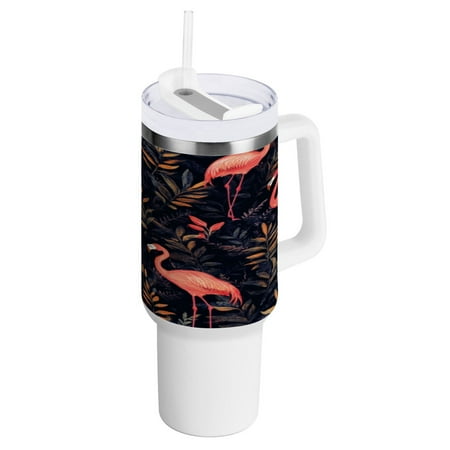 

40 Oz Car Handle Water Bottle 10.8x3.85 Inch Handle And Straw Travel Water Bottle Reusable Stainless Steel Water Bottle Cute Cartoon Flamingos