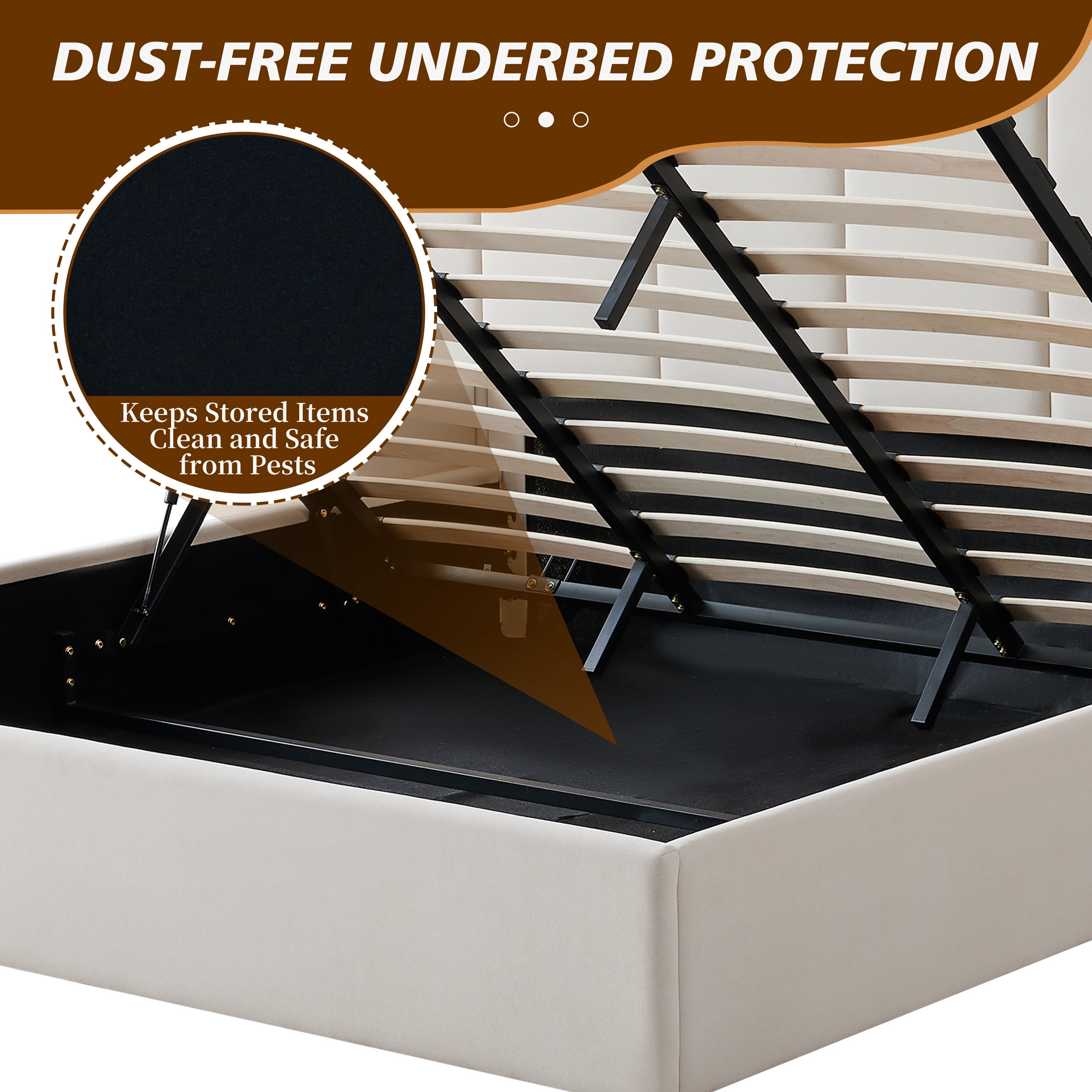 Upholstered Lift Storage Bed Frame with Velvet Headboard, 2 Drawers & 9.6" Under-Bed Storage, King Sizes in Beige, No Box Spring Needed, Ergonomic Design for Ultimate Comfort