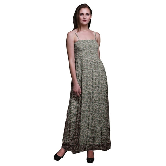 Bimba Rose Leaves Printed Women Georgette Smocked Strap Dress-X-Large