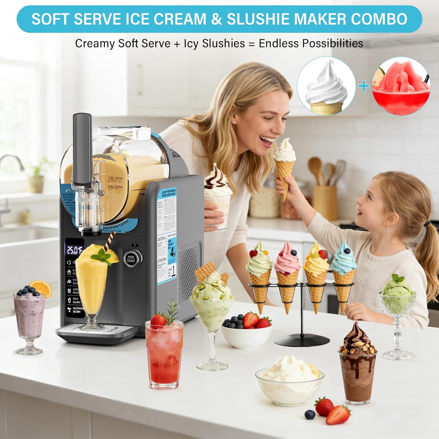 EAYSG Ice Cream & Slushie Machine | Frozen Drink Maker with 5 Presets | Auto-Clean, No Ice Needed | Quiet Operation with LED Display | for Milkshakes, Margaritas, Smoothies & More,Grey