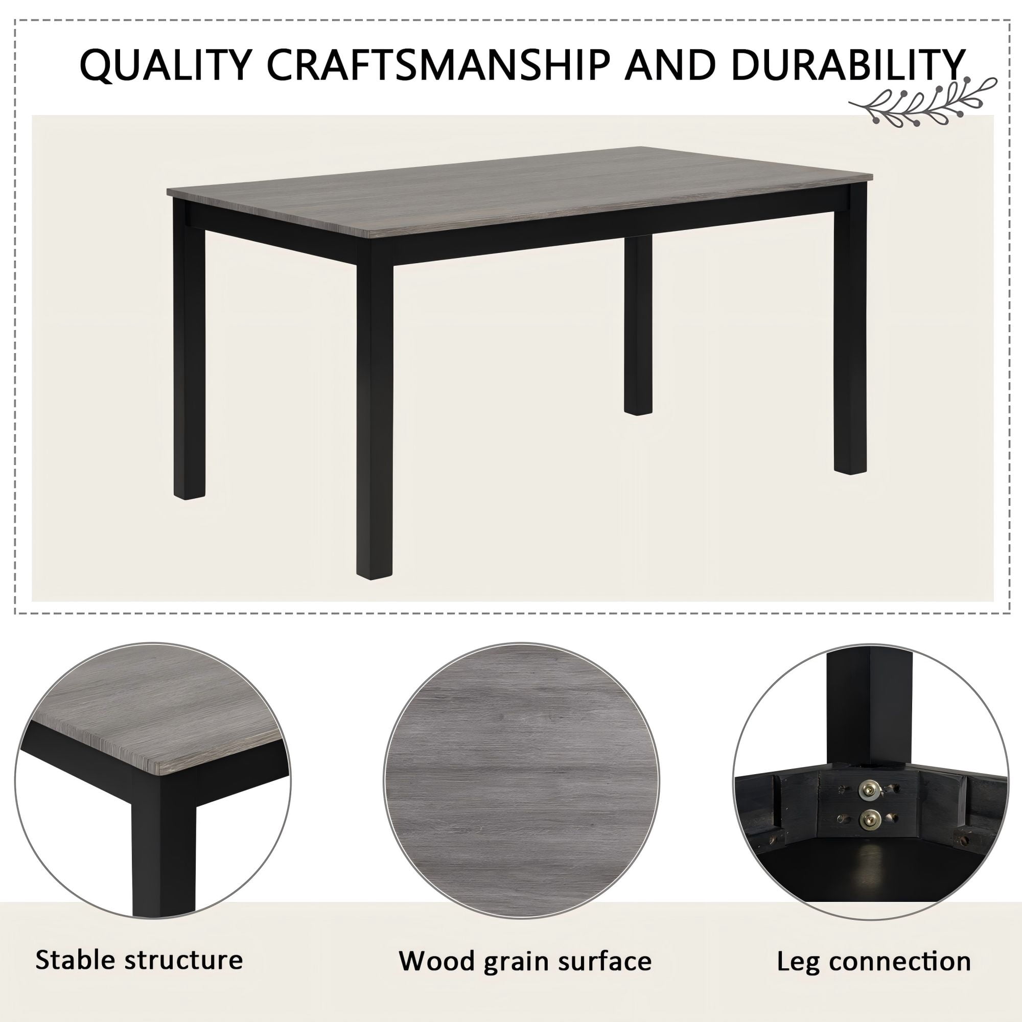 Gewnee Dining Set for 6,Farmhouse 6 Piece Dining Table Sets with Bench,Rectangle Wood Kitchen Table and 4 Upholstered Chairs.Light Grey & Black