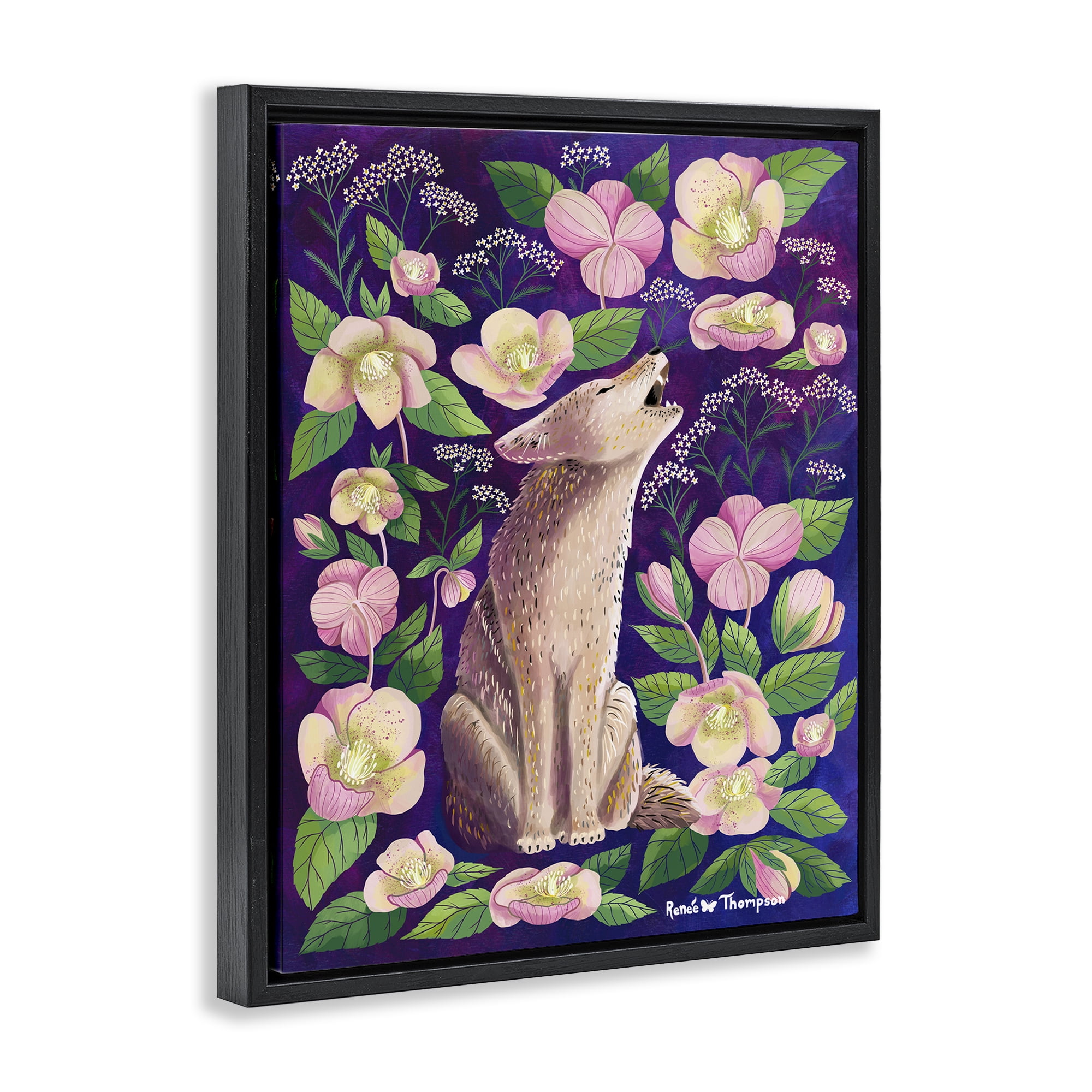 Stupell Industries Coyote & Pink Florals Animals Painting Black Floater Framed Canvas Art Print Wall Art, 17 x 21