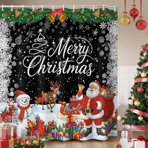 Black Christmas Shower Curtain, Santa Snowman Elk Gifts Snowflake Xmas Waterproof Fabric Shower Curtains with 12 Hooks, Bathroom Curtain Set for Bathroom Accessories Decor, 72 x 84 Inches