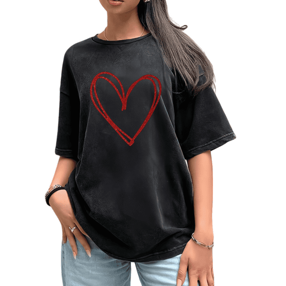 Women's Funny Valentine's Day Retro Washed Red Glitter Heart Graphic Crew Neck Printed Cotton T-Shirt Black S-2XL Plus Size