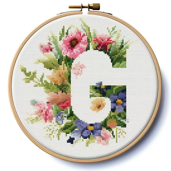 Letter G in Flowers Stamped Cross Stitch Kits for Beginners Easy with Hoop 11CT Needlepoint Embroidery Counted Cross Stitch Kits Art Craft Wall Decoration 35x35cm(1)