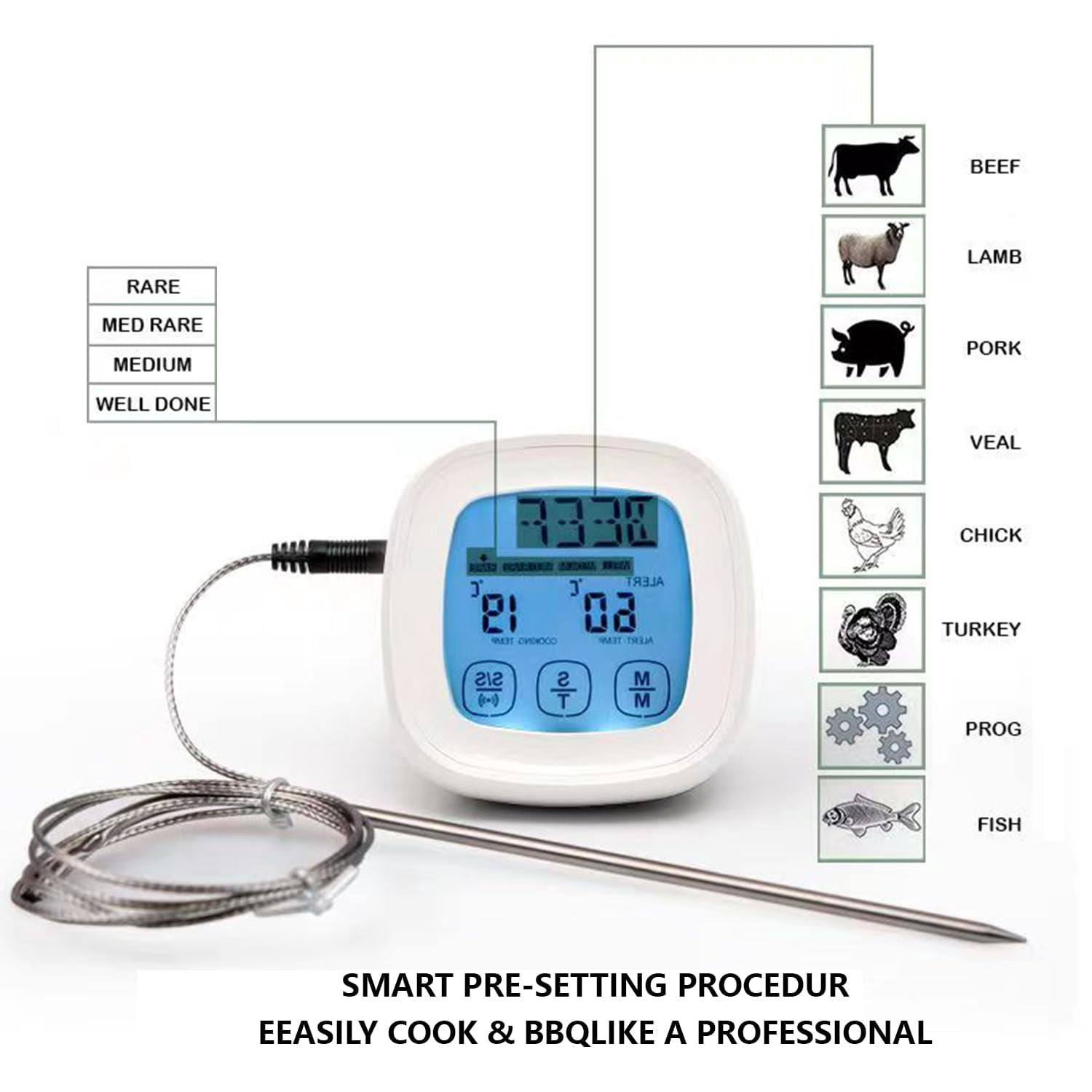 Digital Meat Thermometer, Food Thermometer for Oven Grill Kitchen, Thermometer for Cooking with 1 Stainless Steel Probe and Timer, Outdoor Kitchen Accessories