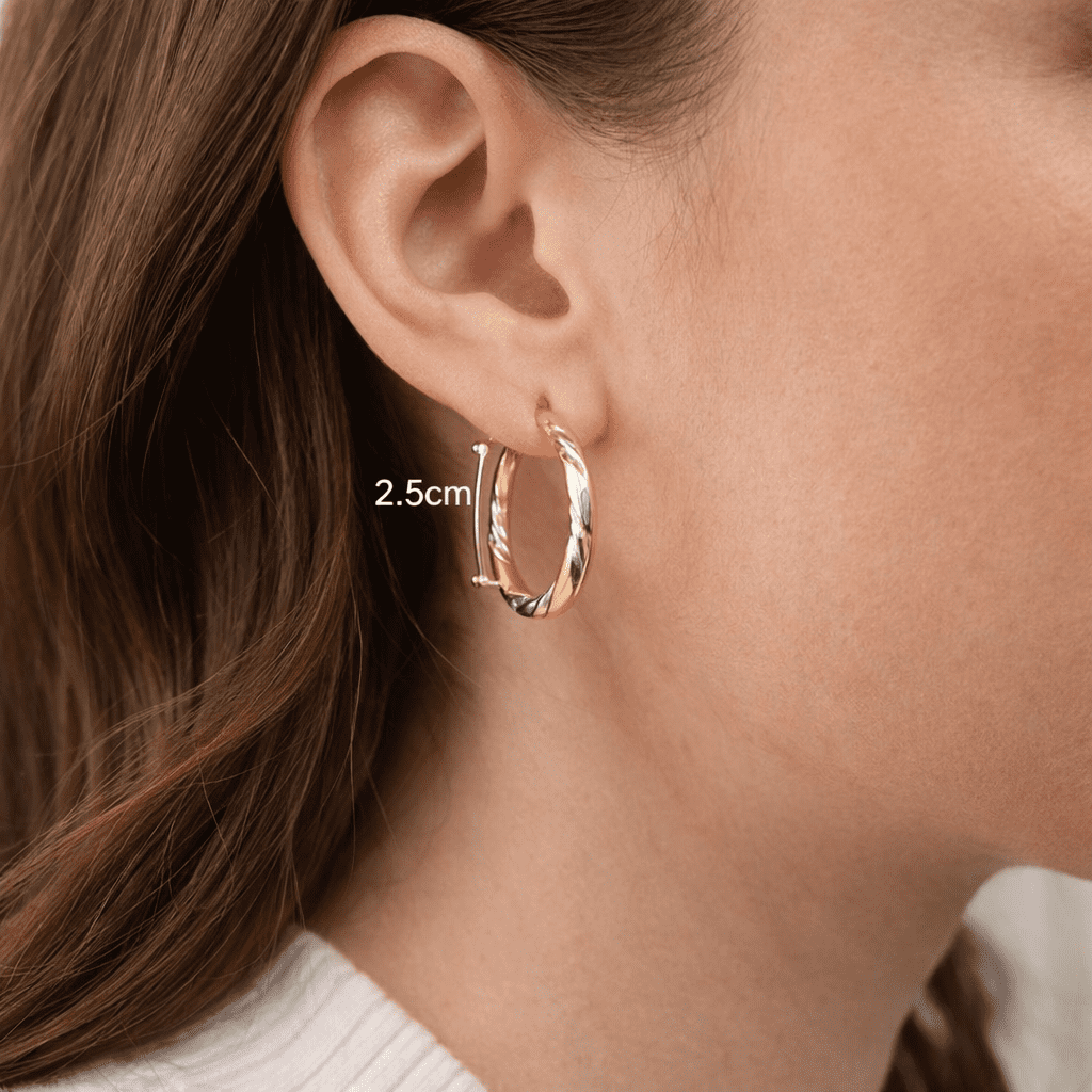 PORI JEWELERS 14K Solid Gold Two-Tone Diamond-Cut Satin Round Hoop Earrings for Adults, 2x25mm