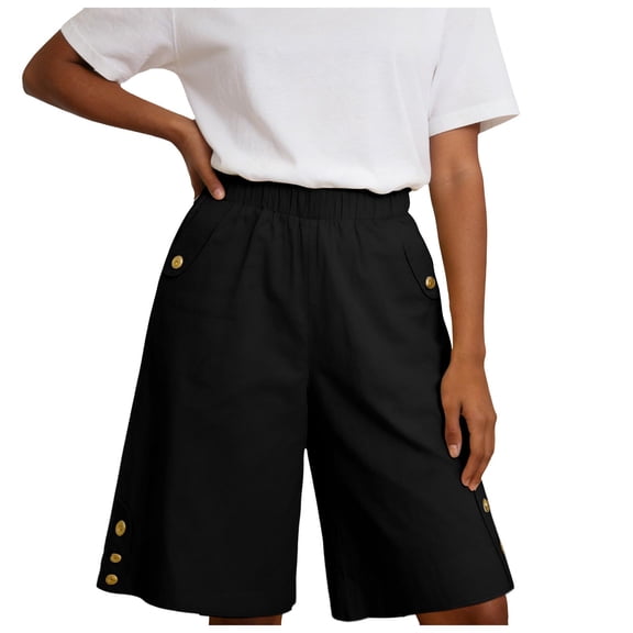 Rotm Linen Short Women Women's Linen Shorts Casual Bermuda Long Linen Shorts High Waisted Comfy Summer with Pockets Black,M