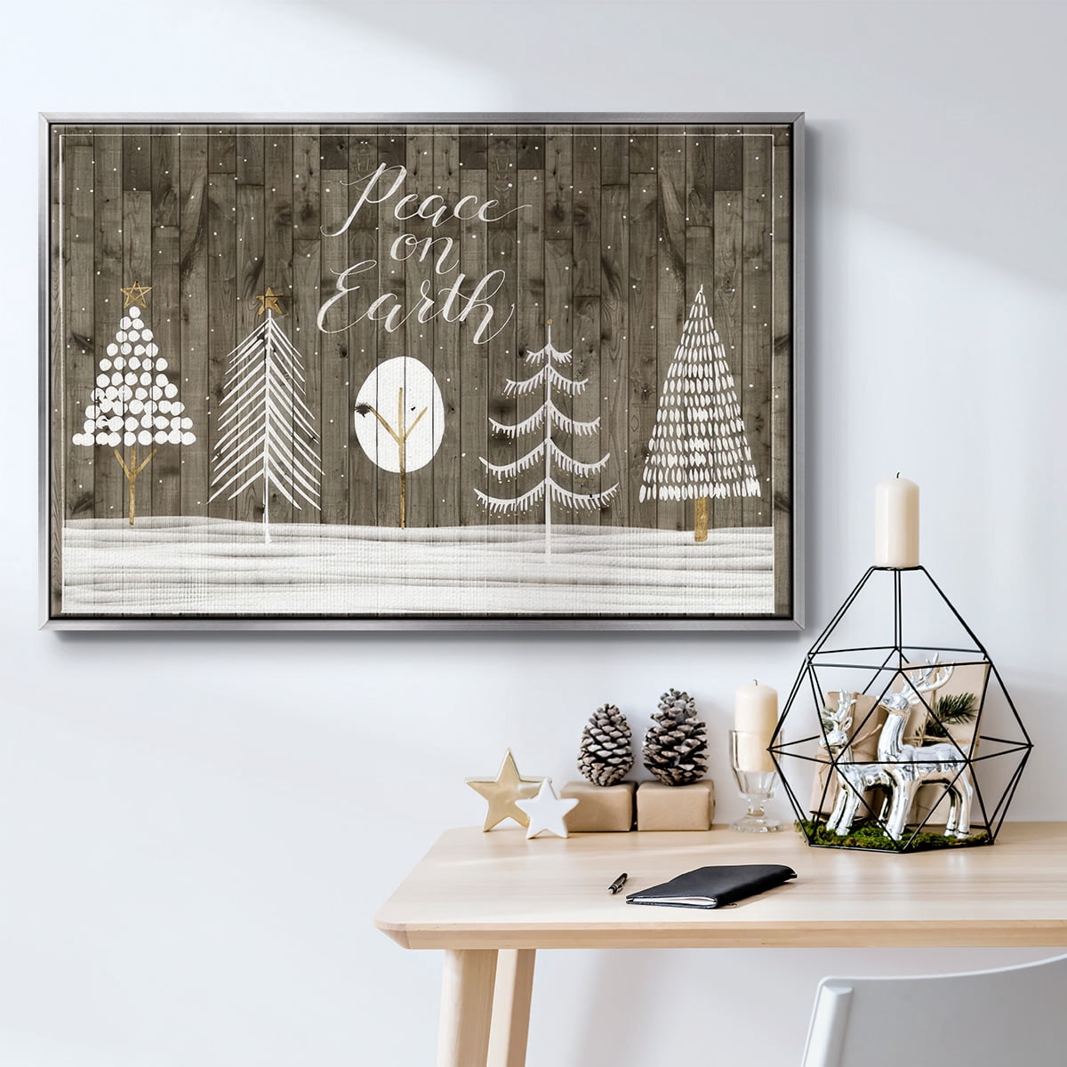 Wooded White Christmas Collection A - Framed Gallery Wrapped Holiday Canvas - 25 x 37 - Silver Frame