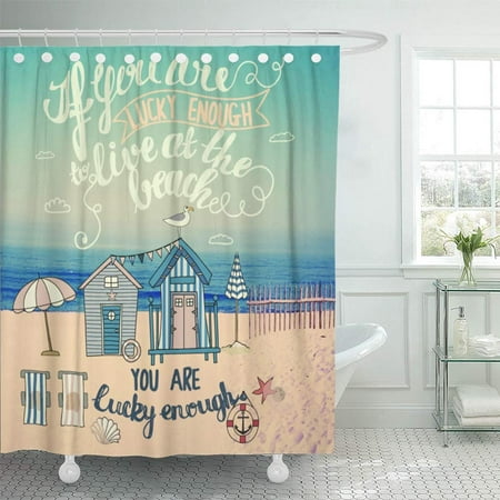 KSADK Living at The Beach Mixed Media Inspirational with Tiny Houses Lounge Chairs Shower Curtain 66x72 (Best Tiny House Showers)