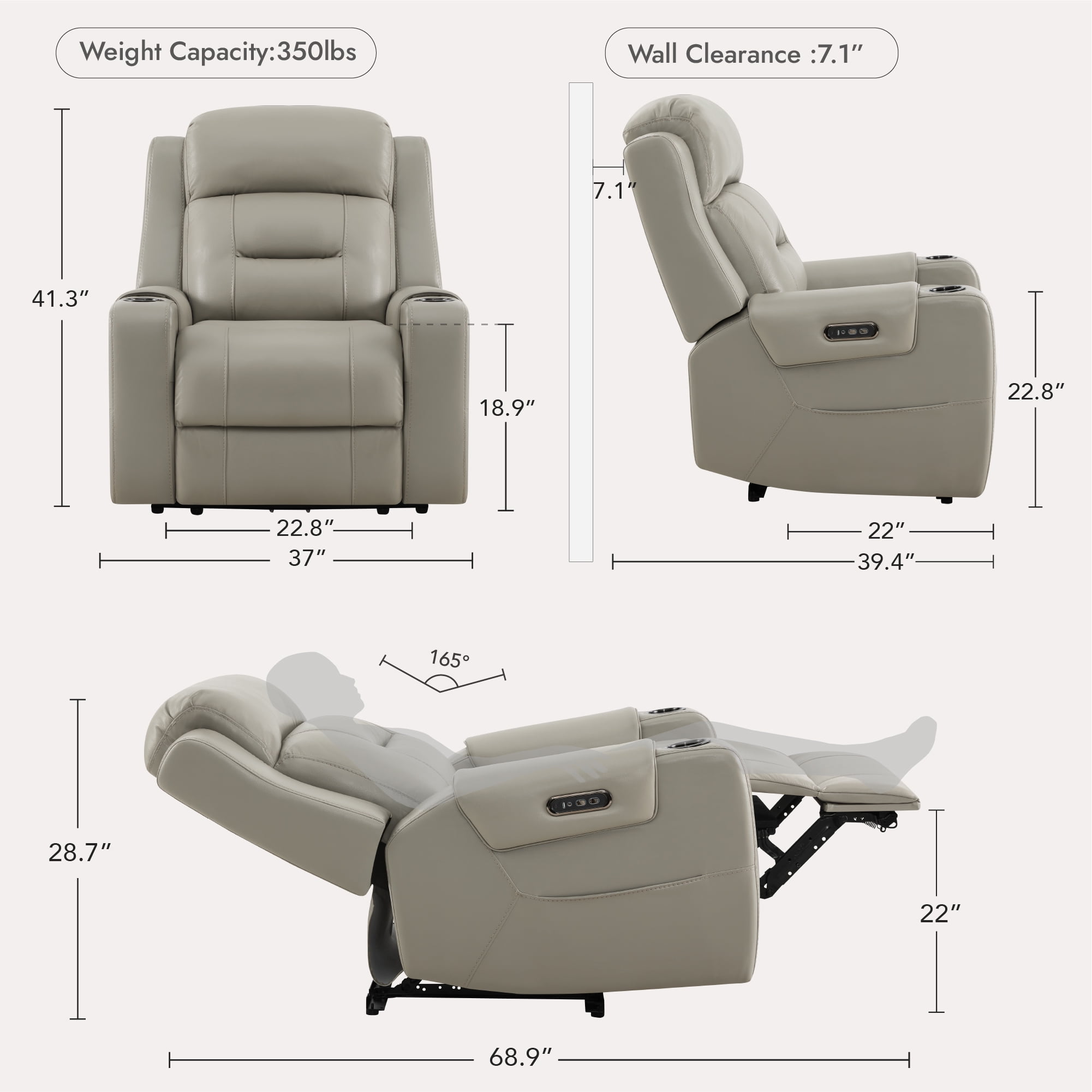 Spruce & Spring Lay-Flat Genuine Leather Power Recliner Chair with Headrest, Gray