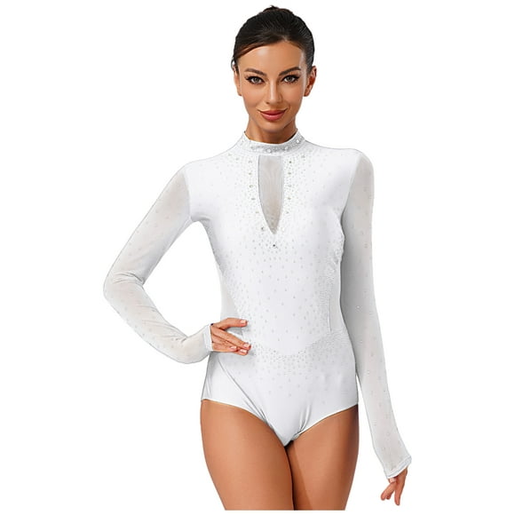 Yeahdor Women Shiny Rhinestone Gymnastics Bodysuit Long Sleeve Cutout Roller Figure Ice Skating Dance Bodysuit White M