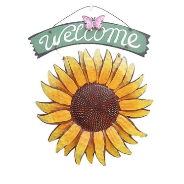 2X Signe d'Accueil Jardin Métal Suspendu Tournesol Décoratif Extérieur Peint à la Main Plaque d'Accueil pour la Porte d'Entrée
