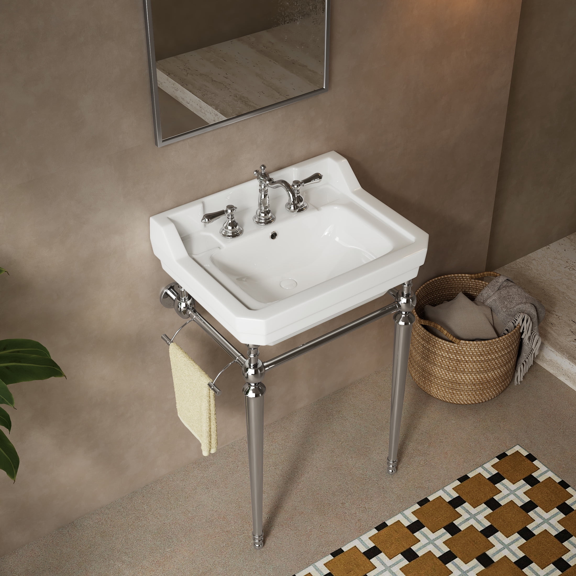 Noble House VICI 23" Bathroom Console Sink, Wall-Mounted Ceramic Basin Vanity with Stainless Steel Legs, White & Chrome