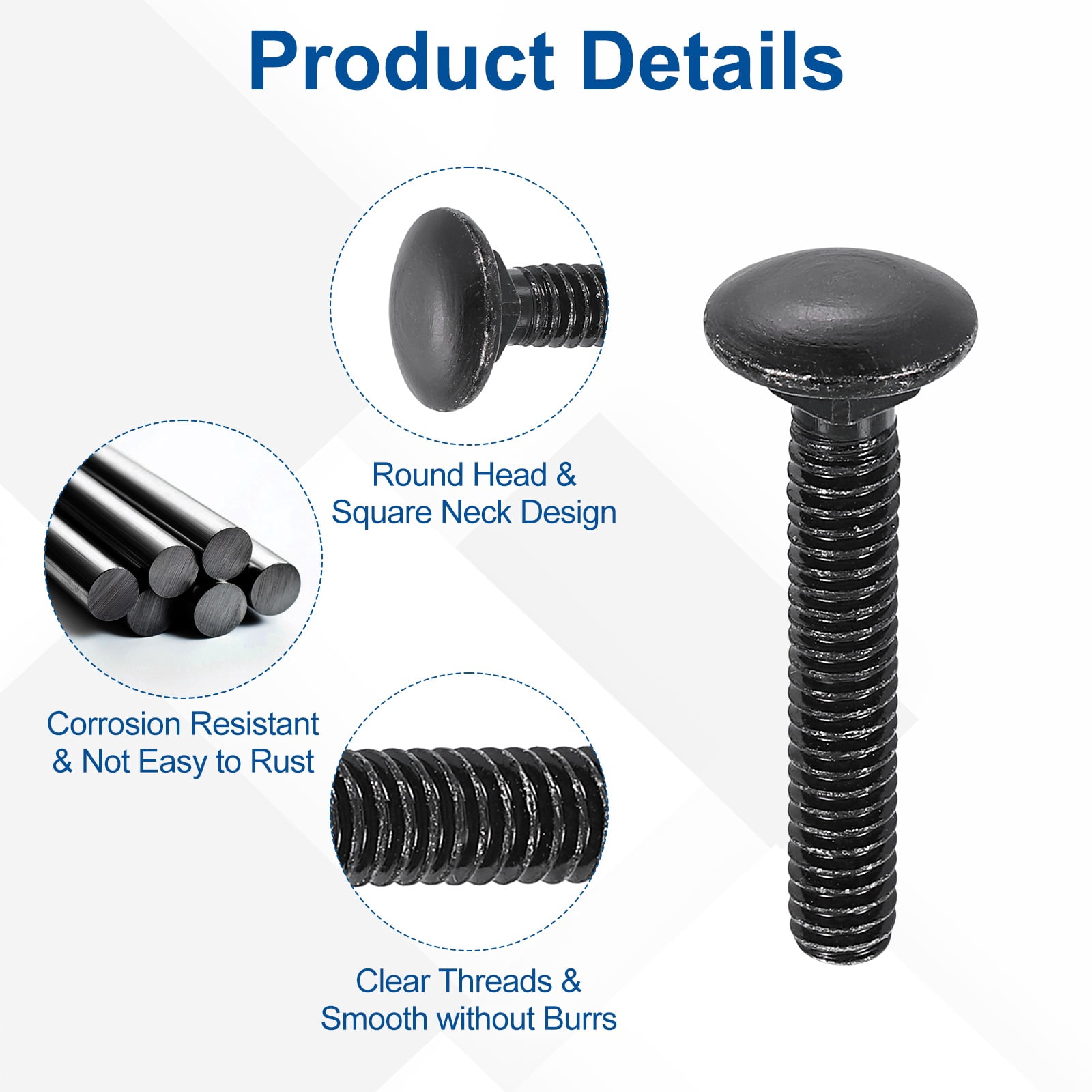 Uxcell 50Pack 1/4"-20x1-1/4" Carbon Steel Carriage Bolts Round Head Square Neck, Black