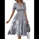 thumbnail image 2 of Vestido de Verano para Mujer, con Mangas Abullonadas y Volantes, Cuello en V, Cintura Alta, Informal, Holgado, A Rayas, Midi Gris L, 2 of 8