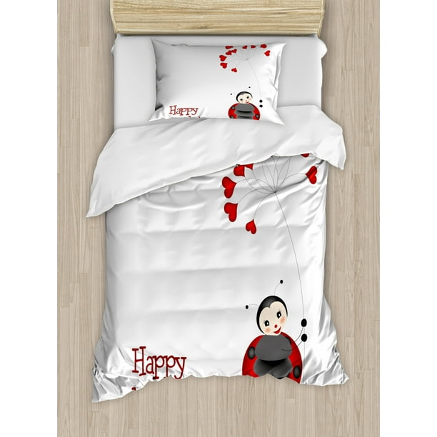 Kids Birthday Duvet Cover Set Ladybug Wings Flower Inspired Heart Shaped Celebration Balloons Decorative Bedding Set With Pillow Shams Red Black And White By Ambesonne Walmart Com Walmart Com
