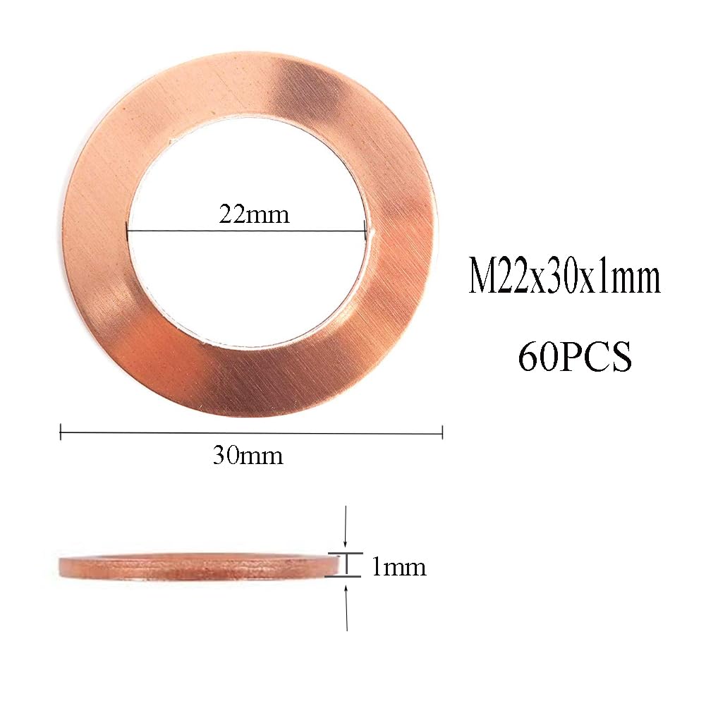 Yoqb 60 Pack 22x30x1mm Copper Crush Washer Flat Ring Seal Gasket Fastener Fitting M22 A109