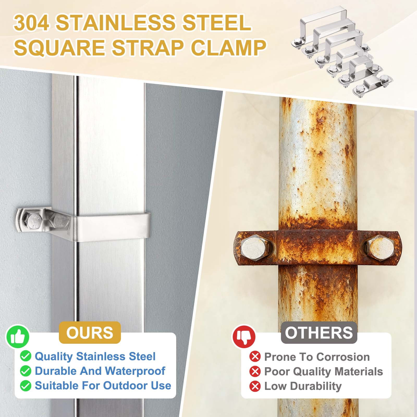 Uxcell 2Pcs U Shape Square Tube Clamp, 120x120mm U Shaped Bracket 304 Stainless Steel Square Strap Clamp with Bolt Plate Nuts and Wrench for Pipes Door Closed Bar Holder Railings