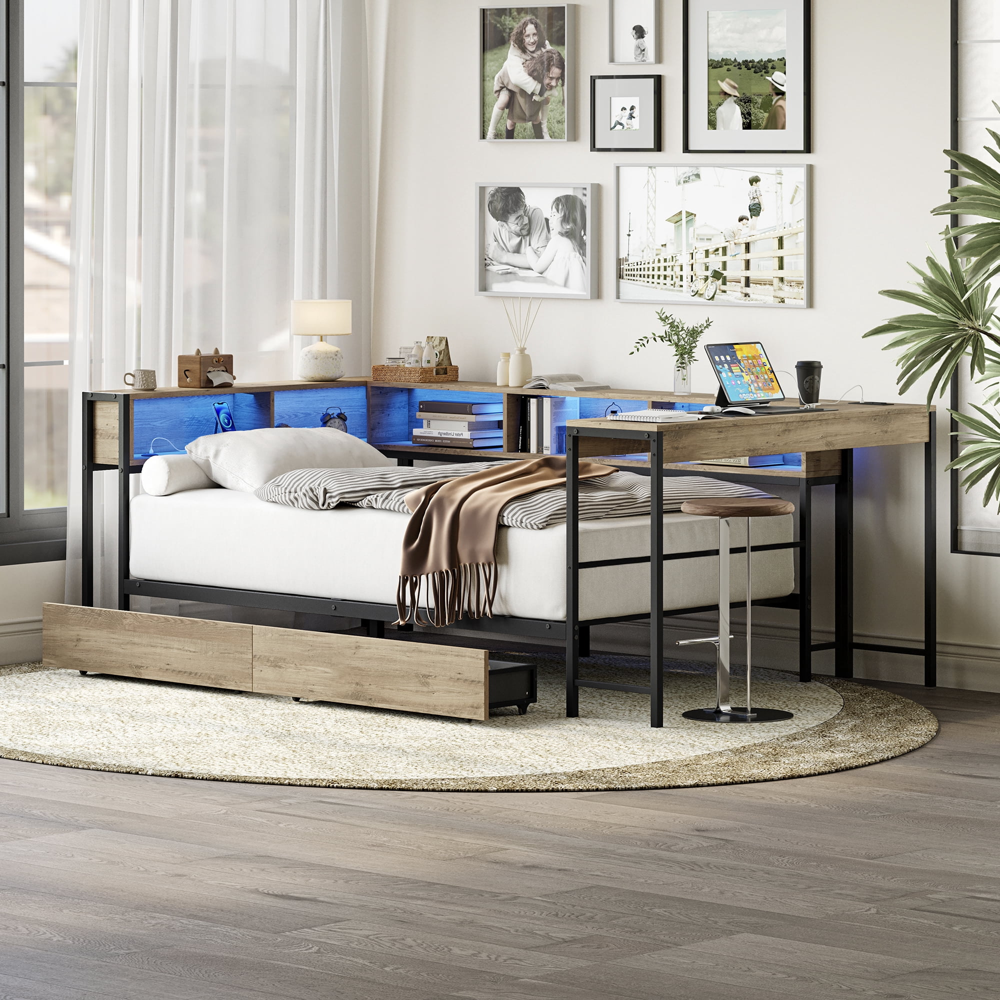 Yoneston Twin Corner Bed Frame with Bookcase Storage and Lights & Charging, Reversible Daybed with 2 Drawers & Integrated Desk for Bedroom, Grey