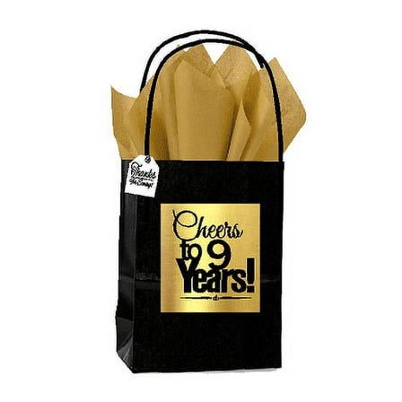 Black & Gold 9th Birthday / Anniversary Cheers Themed Small Party Favor Gift Bags with Tags -12pack