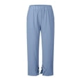 thumbnail image 4 of VEKDONE Cotton Straight Trousers for Women Elastic High Waisted Lounge Pants Casual Lightweight Comfy Button Split Long Pants with Pockets Light Blue XXL, 4 of 5