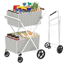 Leumius Shopping Cart,2 Layers Grocery Cart on Wheels,Foldable Utility Shopping Carts with Double Basket and 360° Rolling Swivel Wheels,White