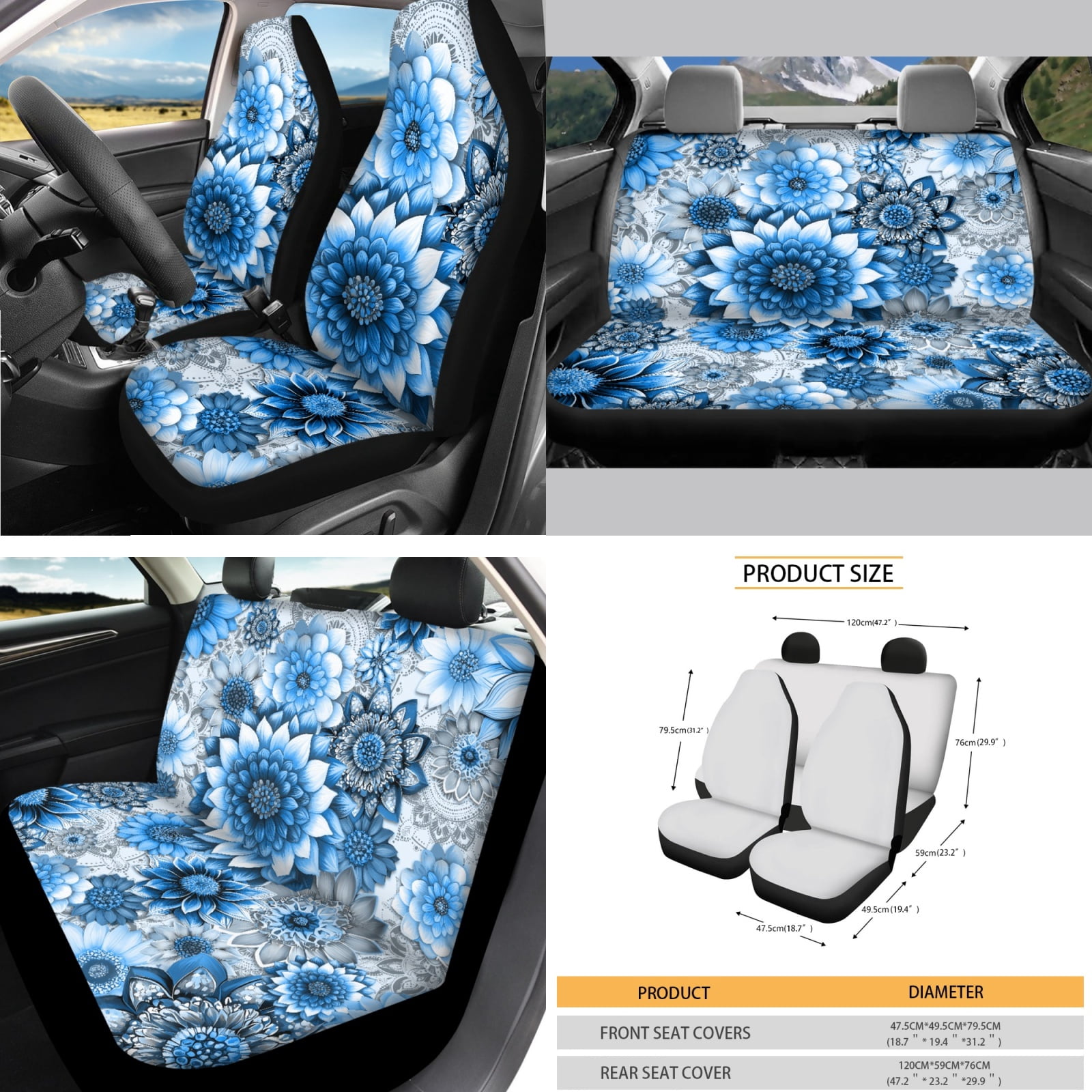 Yuyamidu Blue Dalia Car Seat Cover Set of 14 Boho Steering Wheel Cover Seat Belt Pads Waste Basket Bin Rearview Mirror Cover Cup Holder Center Console Cover Handbrake Cover Gear Shift Cover