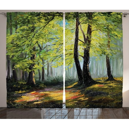 Country Decor Curtains 2 Panels Set, Painting Landscape Of A Forest Dark And Deep With Fresh Colors In Autumn Nature Artsy Work, Living Room Bedroom Accessories, By (Best Work Light For Painting)