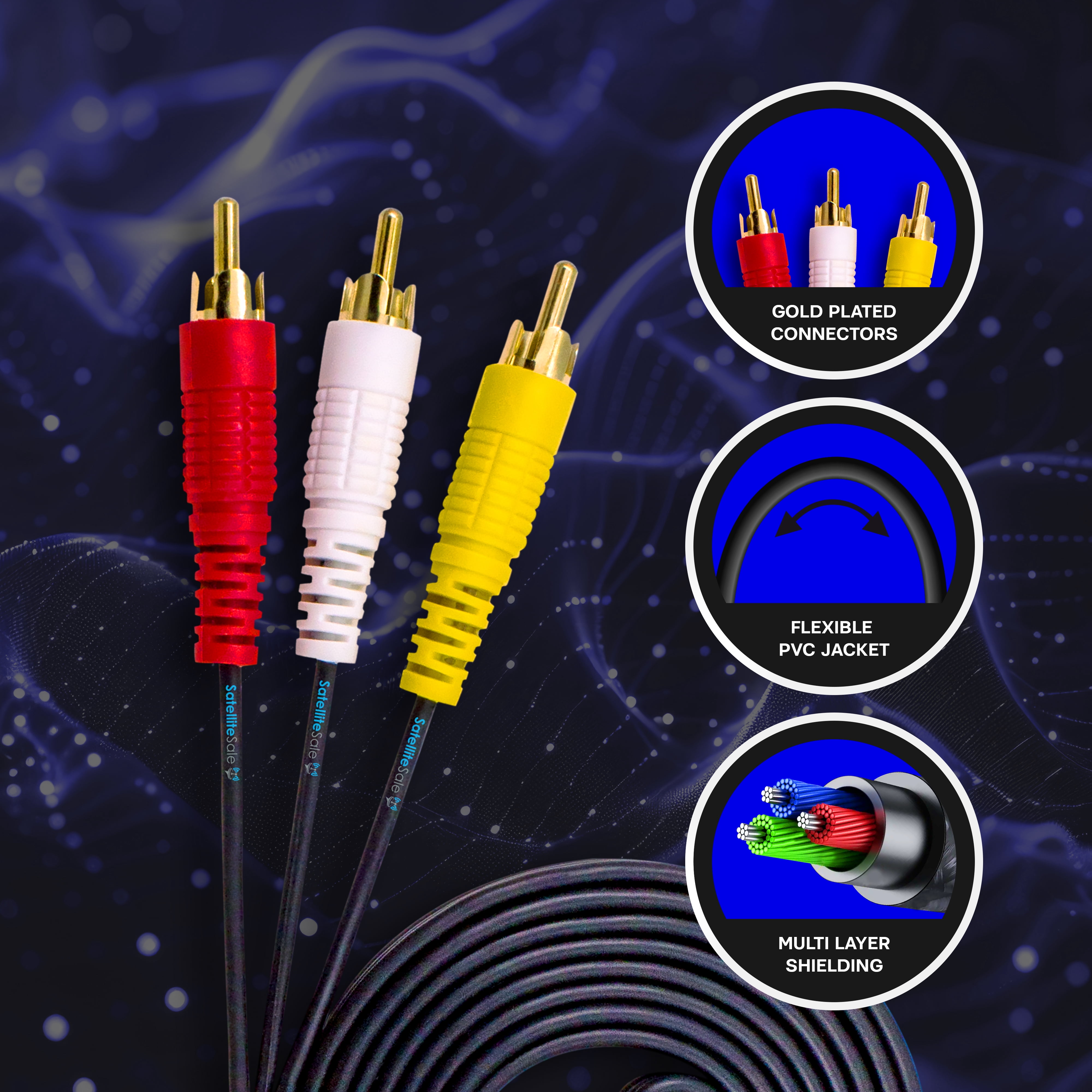 SatelliteSale 3 Male to 3 Male RCA Audio Video AV Composite Cable Universal Wire PVC for TVs, Speaker, Retro Gaming Consoles, Black Cord 100 feet