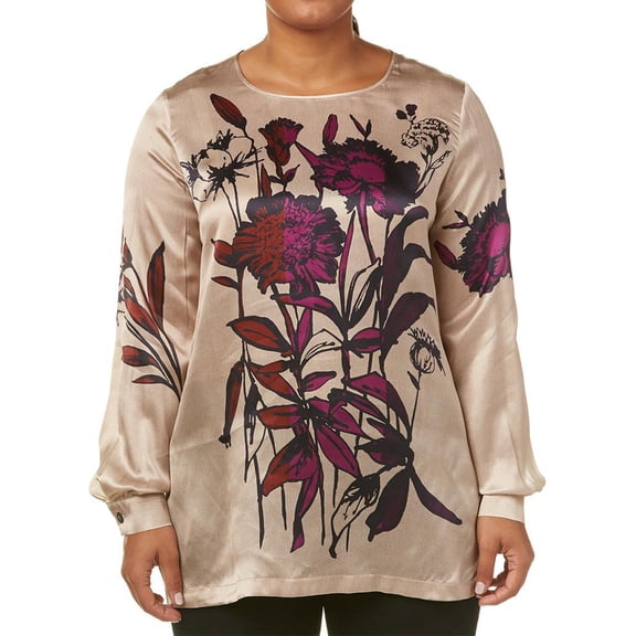 Marina Rinaldi Women's Begonia Floral Silk Blouse, Camel, 18W/27