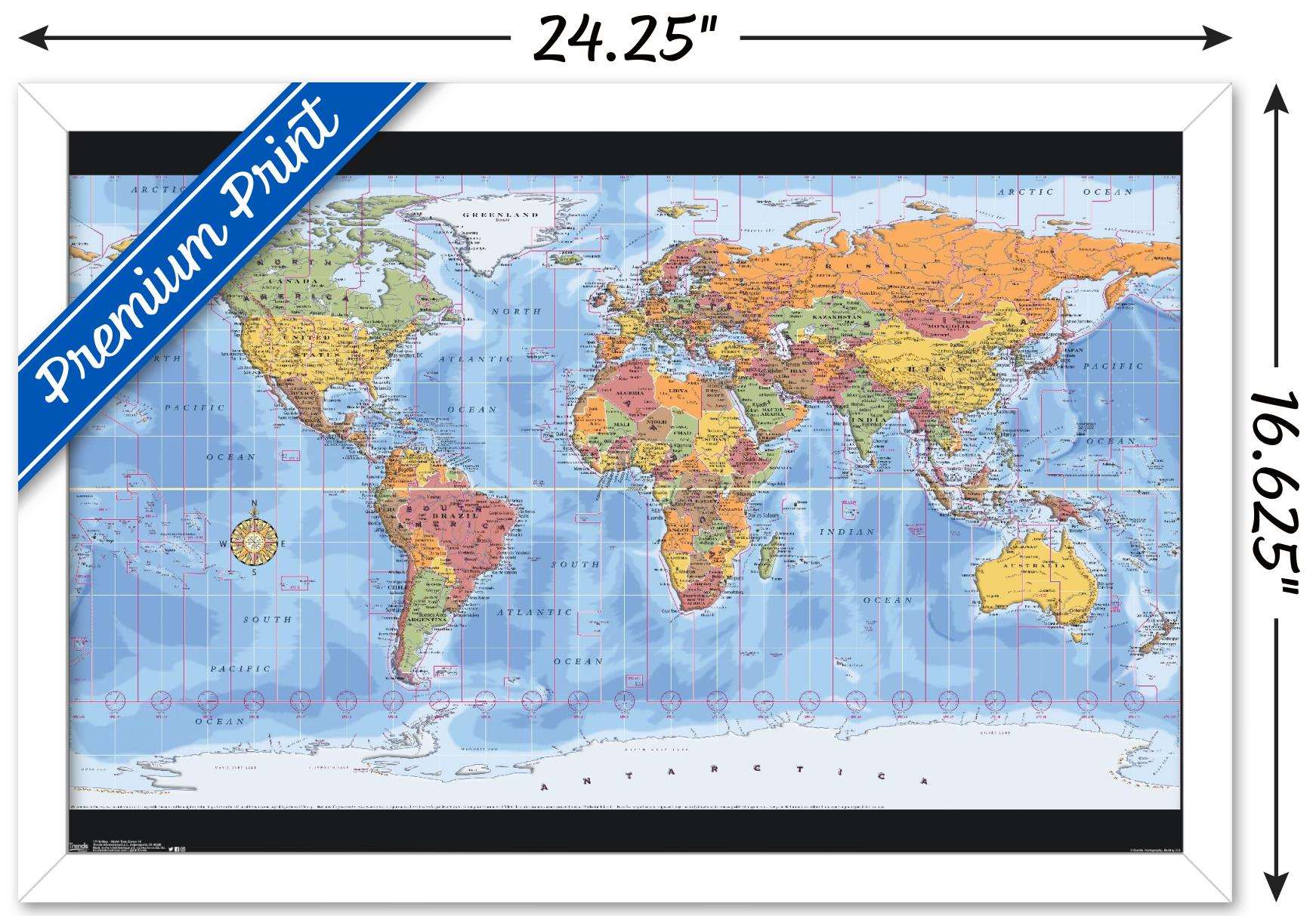 Map - World Time Zones Wall Poster, 14.725" x 22.375", Framed