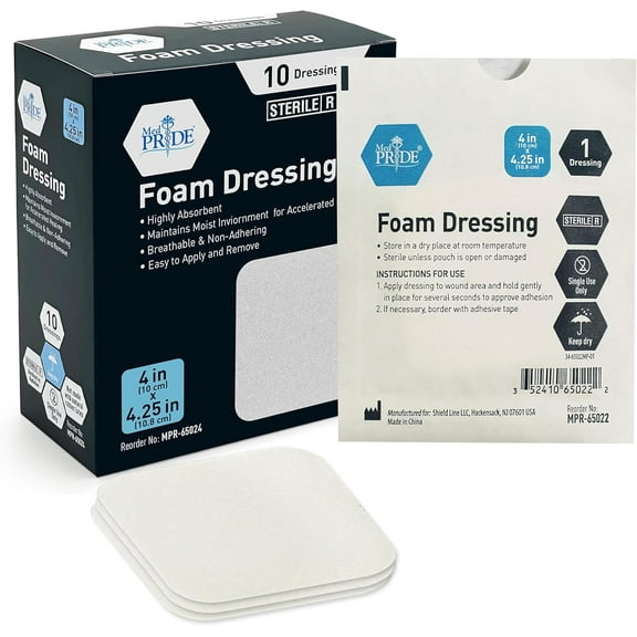 Med Pride Sterile Non Adhesive Foam Bandages for Wounds 4x4 Inch, 10 pack Waterproof Soft Foam Dressing