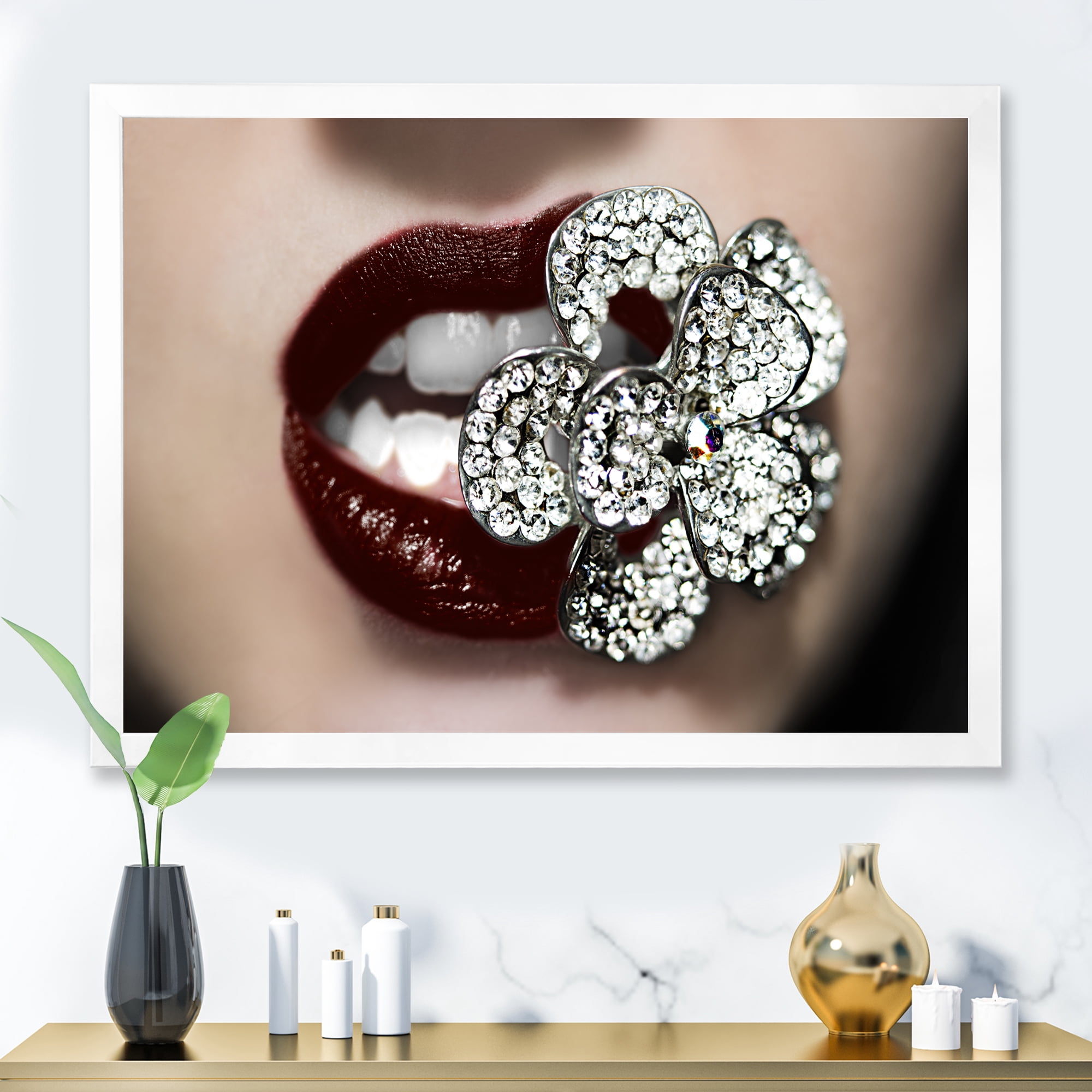 Designart 'Detail Of Sexy Red Girl Lips' Modern Framed Art Print