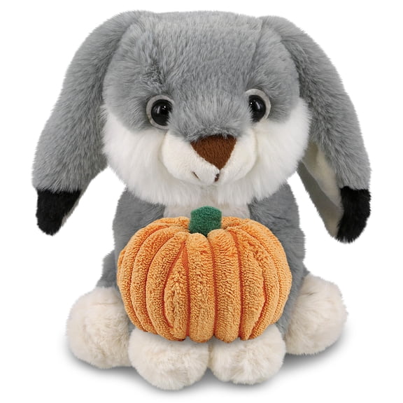 DolliBu Super Soft Gray Rabbit Stuffed Animal with Cute Pumpkin Decor – Cute Pumpkin Plush Rabbit Animal for Fall, Halloween and Thanksgiving, Pumpkin Toy for Baby, Kids, Adults – 7 Inches