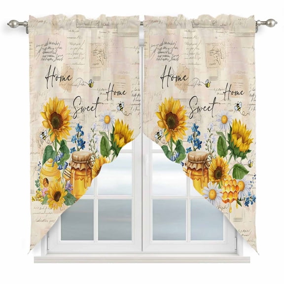 Yellow Sunflowers Swag Curtains for Kitchen/Bedroom/Living Room, Floral Bees Elegant Pastoral Botanical Scalloped Curtains 63 Inch Long, Window Swag Topper Curtains Valances 2 Panels Set 36"x63"