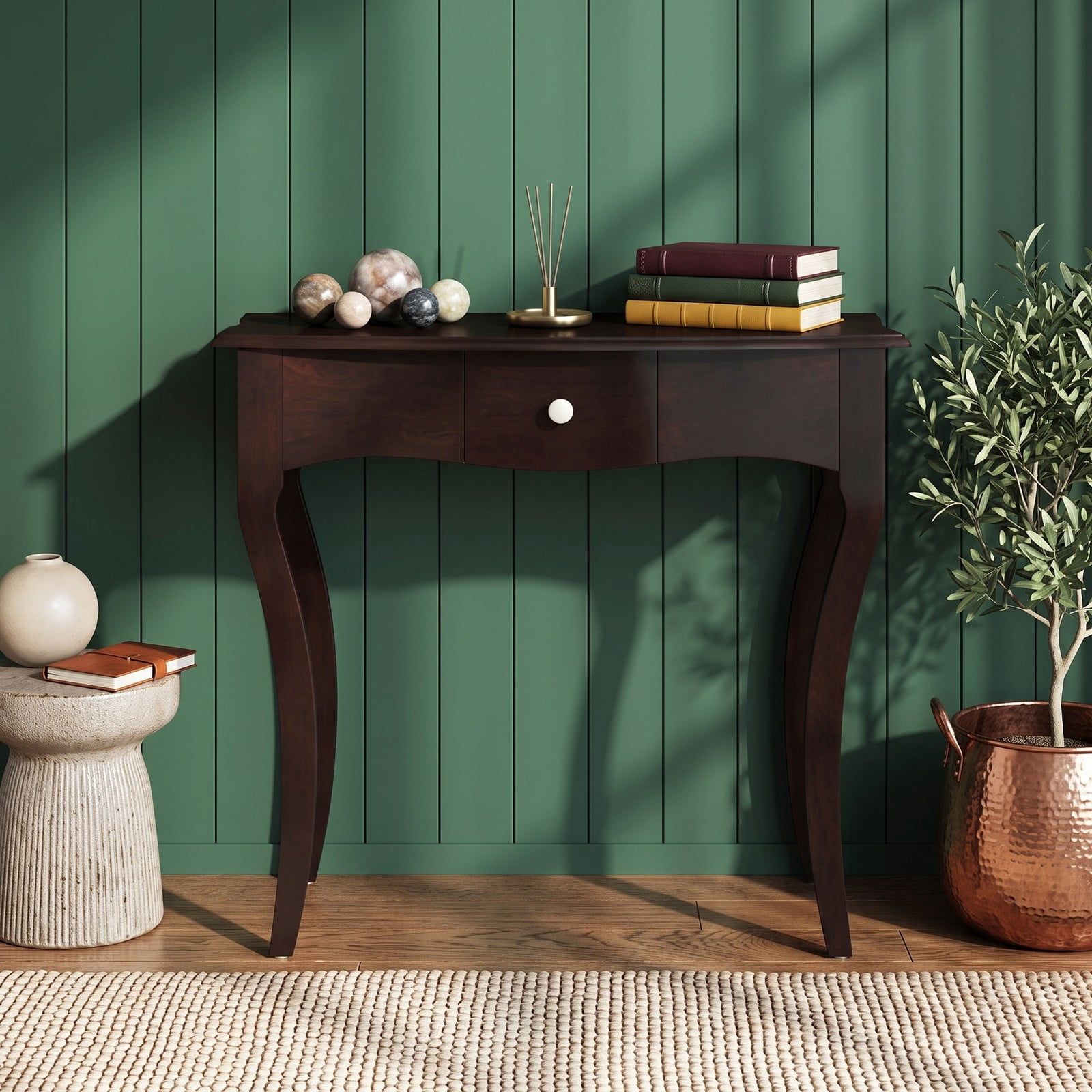 Furnibear Console Table with Storage Drawer and Solid Wood Frame and Curved Cabriole Legs for Entryway and Hallway, Espresso
