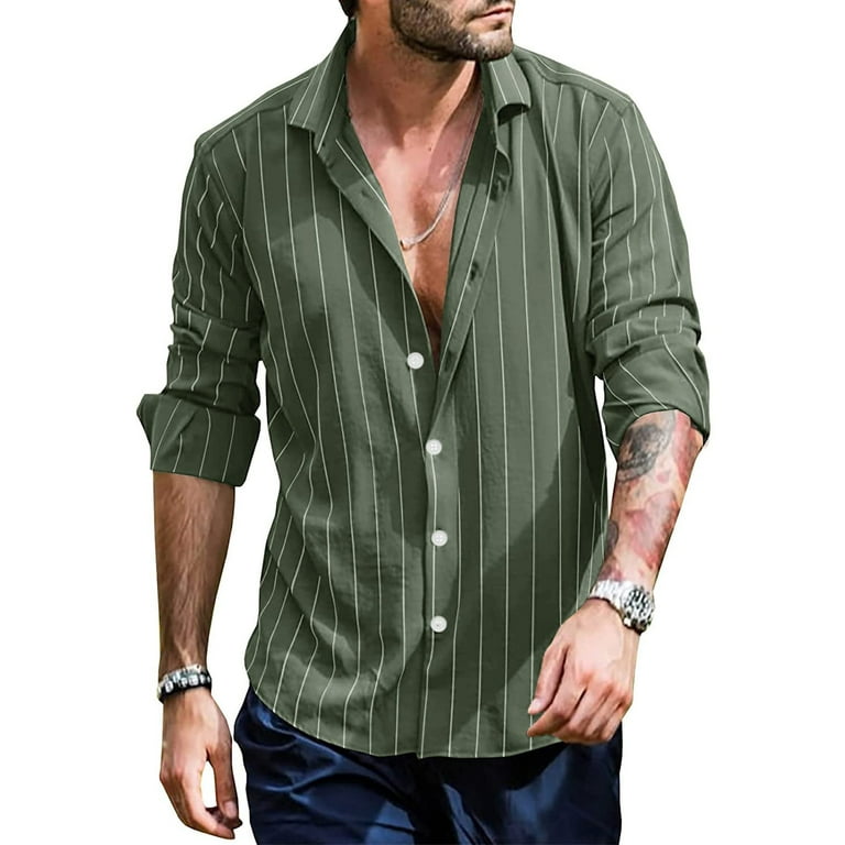 Sayhi Men Spring Summer Top Shirt Striped Lapel Collar Casual