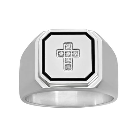 Men's Stainless Steel 8MM Diamond Accent Cross Wedding Band - Mens Ring