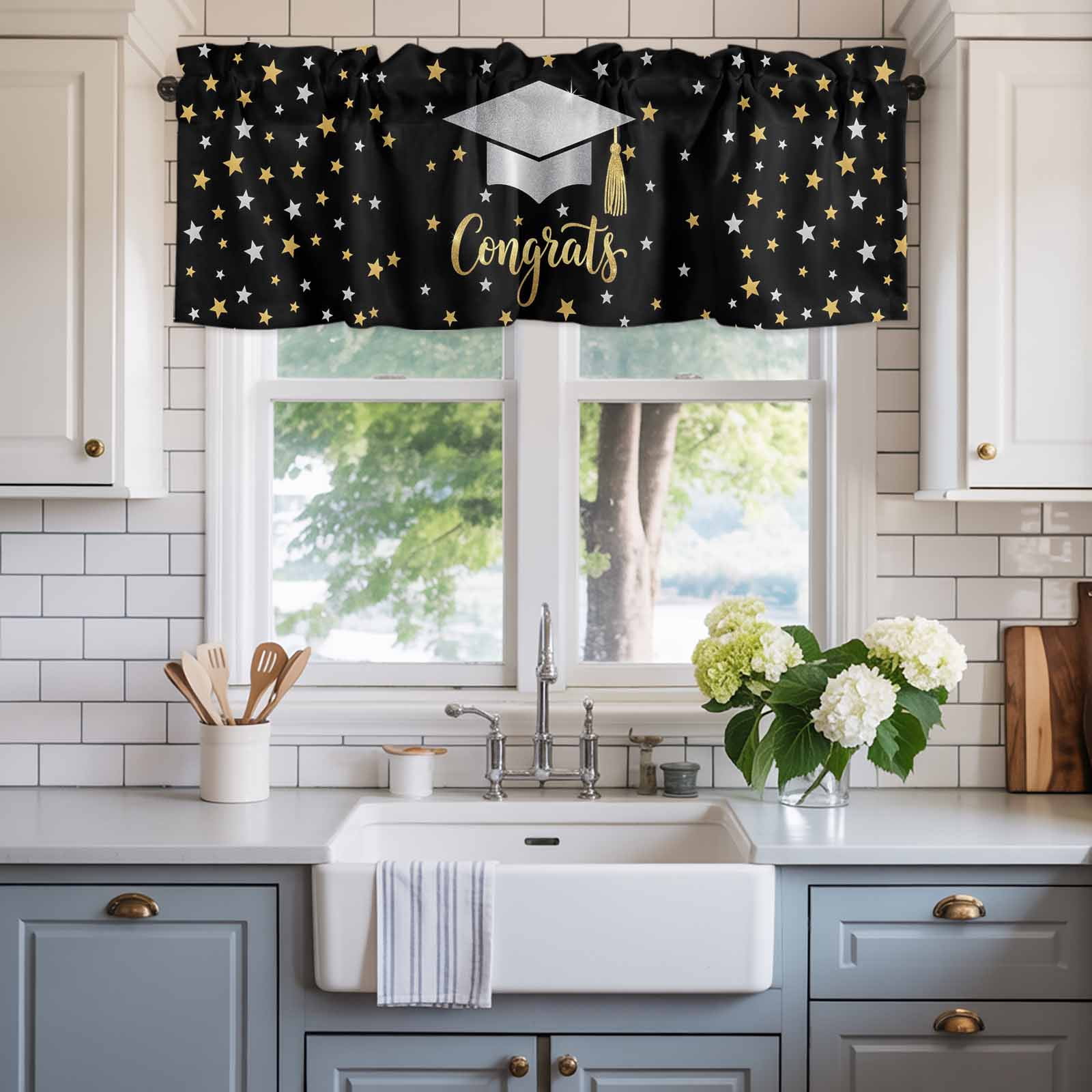 Congratulate Graduate Season Valances for Windows Graduation Hat Golden Sliver Star Black Rod Pocket Curtain Valance Window Treatment Short Curtains for Kitchen Living Room, 60"x18"