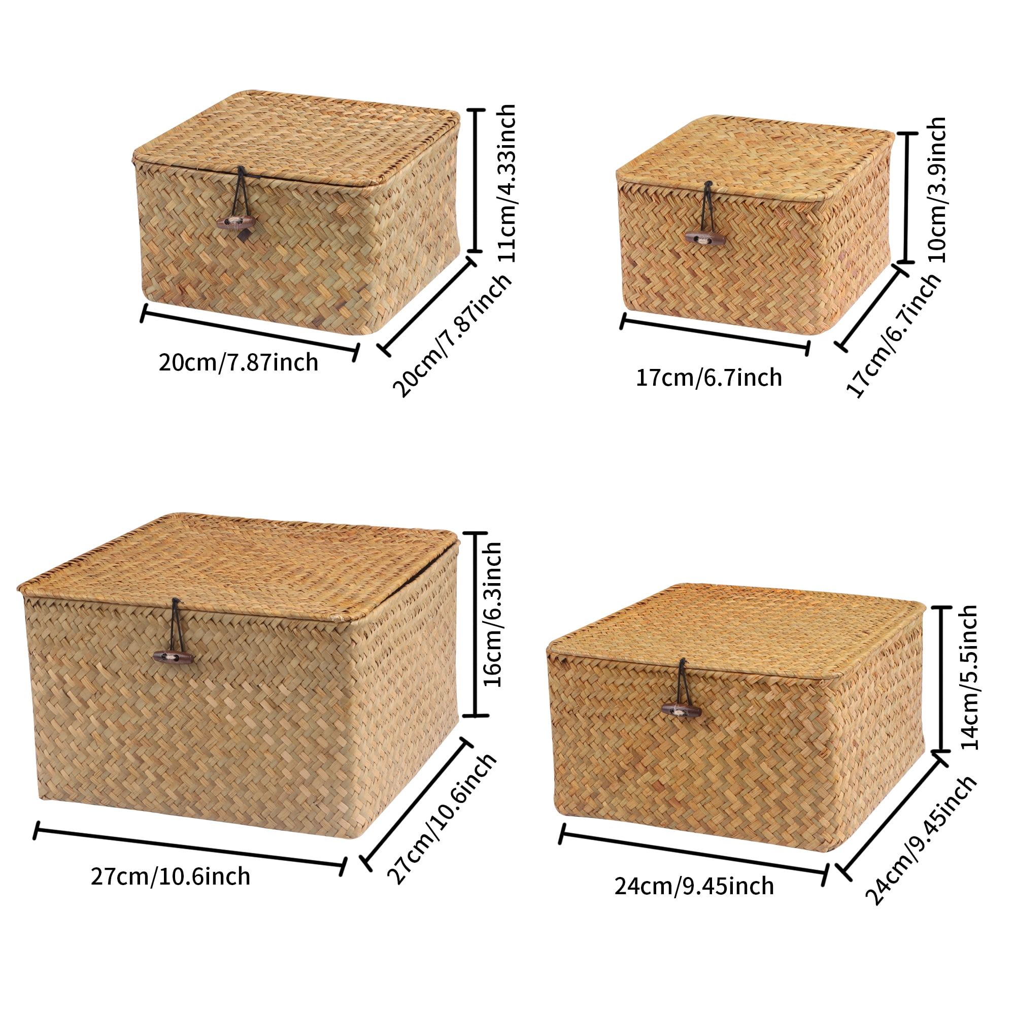 BlueMake 4Pcs Wicker Storage Baskets with Lids Seagrass Woven Baskets for Shelves Stackable Storage Boxes for Organizing Rattan Bins - Natural