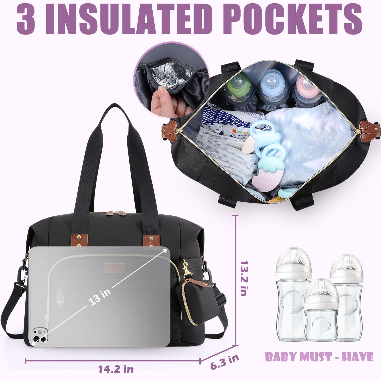 Diaper Bag Tote,Baby Diaper Bag with Pacifier Case Large Travel Diaper Tote Caddy for Mom and Dad Multifunction Large Baby Bag - M-Black