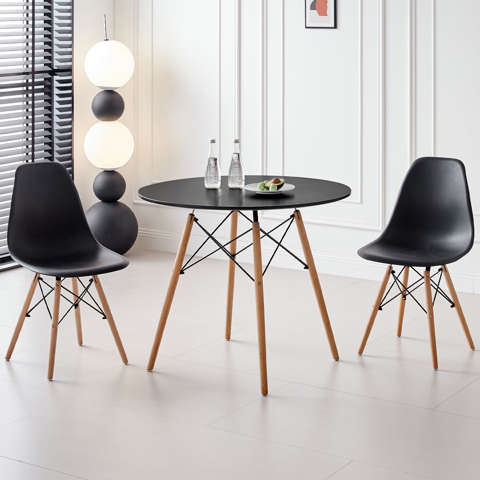 5 Piece 35.5'' Round Dining Table Set for 4, Kitchen Table & Chairs Set of 4, Mid-Century Modern Table W/ 4 Chairs for Home, Living Room, Apartment, Wood Legs, Metal Frame, Black