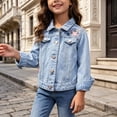 thumbnail image 5 of larppty Girl's Jean Jacket Cute Embroidery Denim Jackets Long Sleeve Button Down Spring Fall Outerwear (Blue,18-24 Months), 5 of 6