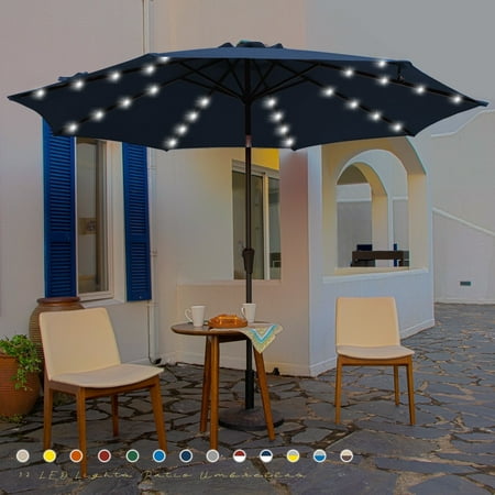 JUSTLET 10 ft Patio Umbrella for Table Outdoor Sun Umbrella with LED Solar Lights Navy Blue