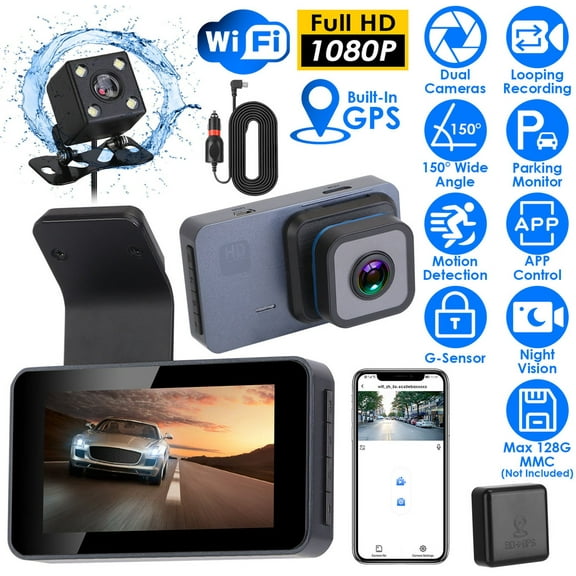 iMounTEK Dash Cam for Cars Front and Rear 1080P Full HD in Car Camera Dual Lens Dashcam withWiFi GPS and G-Sensor APP Control Motion Detection Parking Monitor Night Vision