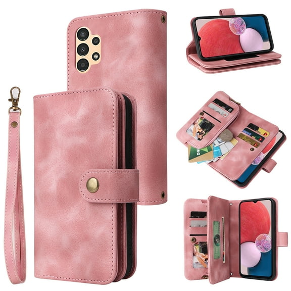 Dteck for Samsung Galaxy A13 5G Case, Samsung A13 4G Wallet Case for Women Men, Sturdy PU Leather Case Magnetic Flip Zipper Card Holder Wristlet Strap Kickstand Phone Case,Rosegold