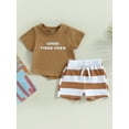 thumbnail image 2 of Coduop Toddler Boys Girls Summer Outfit Set Short Sleeve Tops + Striped Drawstring Shorts 2Pcs Sets, 2 of 9
