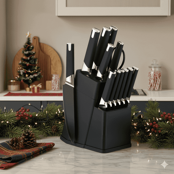 HEESEM 13 Pcs Kitchen Knife Set with Block and Sharpener High Carbon Stainless Steel Knife Set - Black